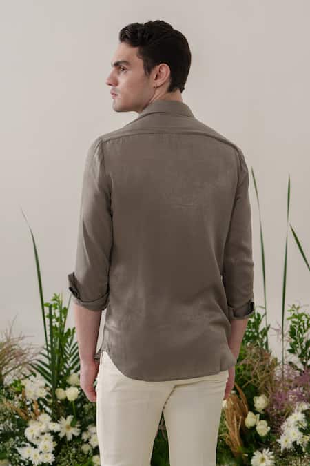 Shop_Amrit Dawani_Green Satin, Velvet Embroidery Kantha Shirt _at_Aza_Fashions