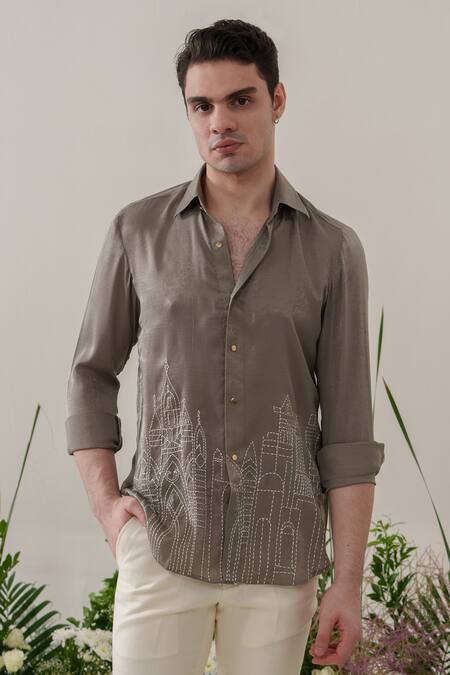 Amrit Dawani_Green Satin, Velvet Embroidery Kantha Shirt _Online_at_Aza_Fashions