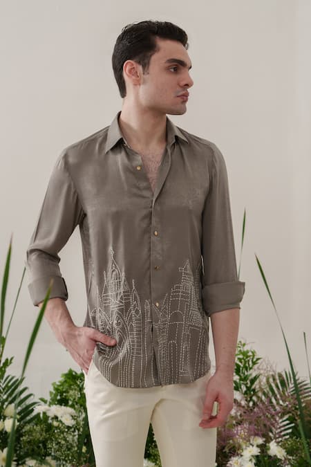 Buy_Amrit Dawani_Green Satin, Velvet Embroidery Kantha Shirt _Online_at_Aza_Fashions