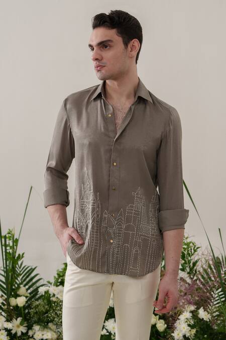 Shop_Amrit Dawani_Green Satin, Velvet Embroidery Kantha Shirt _Online_at_Aza_Fashions