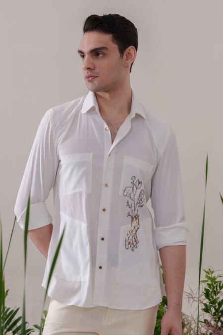 Amrit Dawani_White Cotton Embroidery Thread Floral Shirt _Online_at_Aza_Fashions