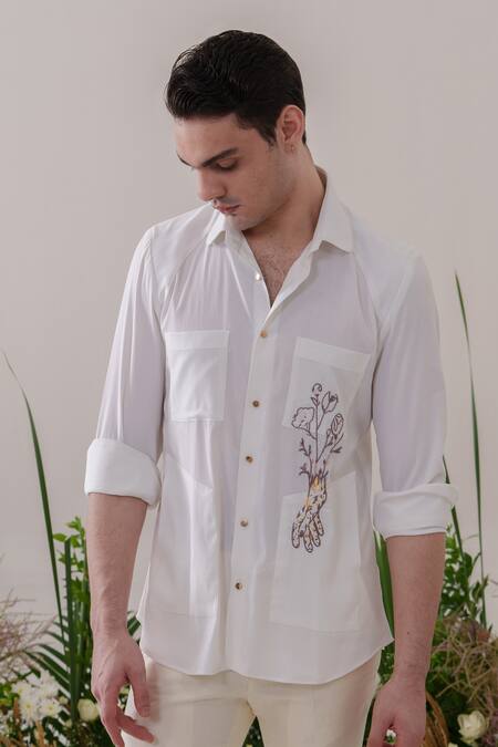 Buy_Amrit Dawani_White Cotton Embroidery Thread Floral Shirt _Online_at_Aza_Fashions
