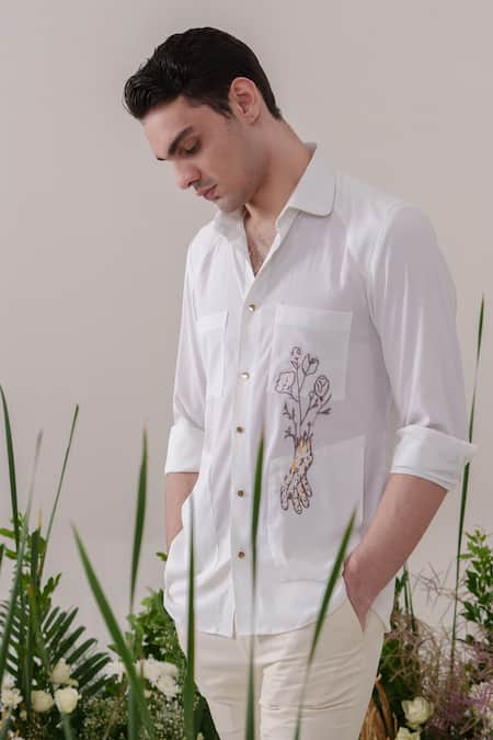 Shop_Amrit Dawani_White Cotton Embroidery Thread Floral Shirt _Online_at_Aza_Fashions