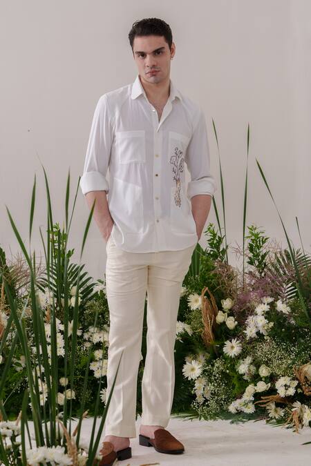 Amrit Dawani_White Cotton Embroidery Thread Floral Shirt _at_Aza_Fashions
