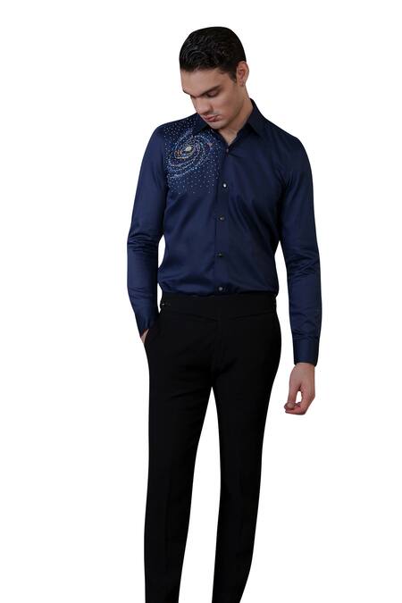 Amrit Dawani_Blue Cotton Beads Galaxy Embellished Shirt _Online_at_Aza_Fashions
