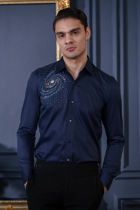 Buy_Amrit Dawani_Blue Cotton Beads Galaxy Embellished Shirt _Online_at_Aza_Fashions