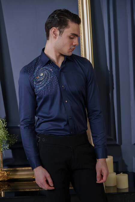Shop_Amrit Dawani_Blue Cotton Beads Galaxy Embellished Shirt _Online_at_Aza_Fashions