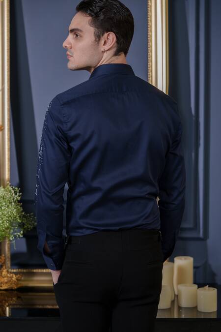 Shop_Amrit Dawani_Blue Cotton Beads Sun And Star Embellished Shirt _at_Aza_Fashions