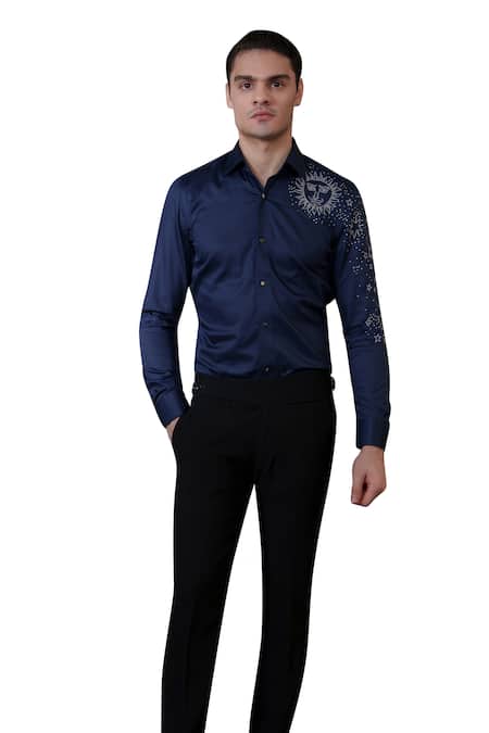 Amrit Dawani_Blue Cotton Beads Sun And Star Embellished Shirt _Online_at_Aza_Fashions