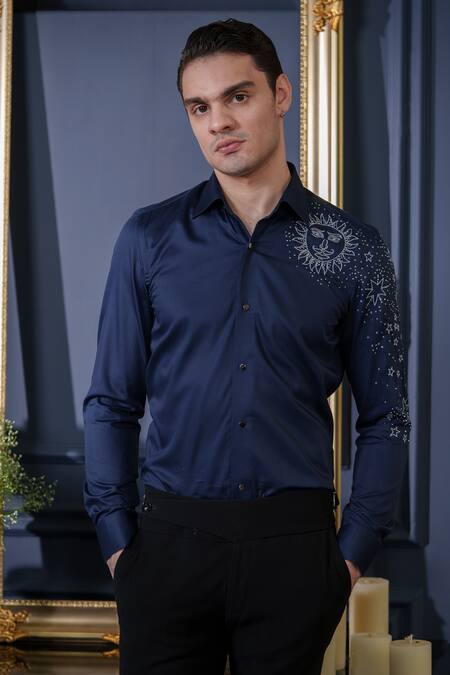 Buy_Amrit Dawani_Blue Cotton Beads Sun And Star Embellished Shirt _Online_at_Aza_Fashions