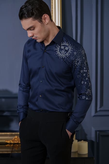 Shop_Amrit Dawani_Blue Cotton Beads Sun And Star Embellished Shirt _Online_at_Aza_Fashions
