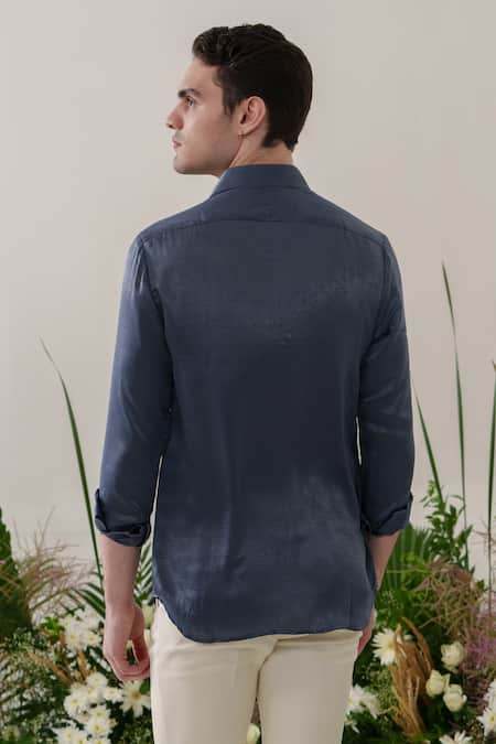 Shop_Amrit Dawani_Blue Satin, Velvet Embroidery Dragonfly Shirt _at_Aza_Fashions