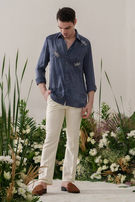 Amrit Dawani_Blue Satin, Velvet Embroidery Dragonfly Shirt _Online_at_Aza_Fashions
