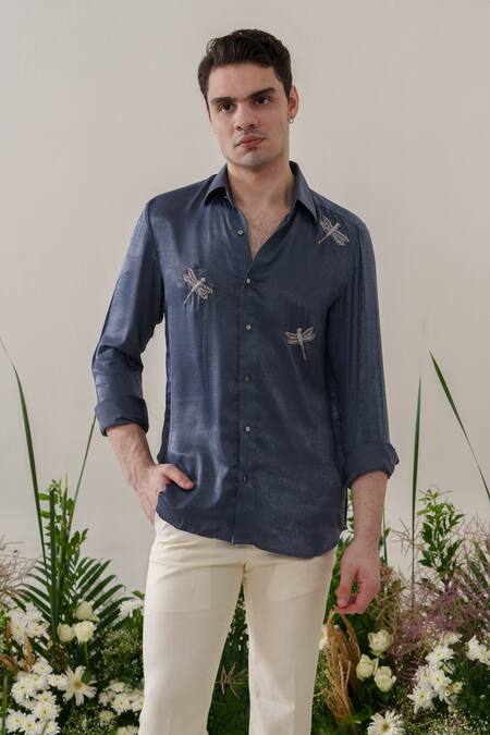 Buy_Amrit Dawani_Blue Satin, Velvet Embroidery Dragonfly Shirt _Online_at_Aza_Fashions