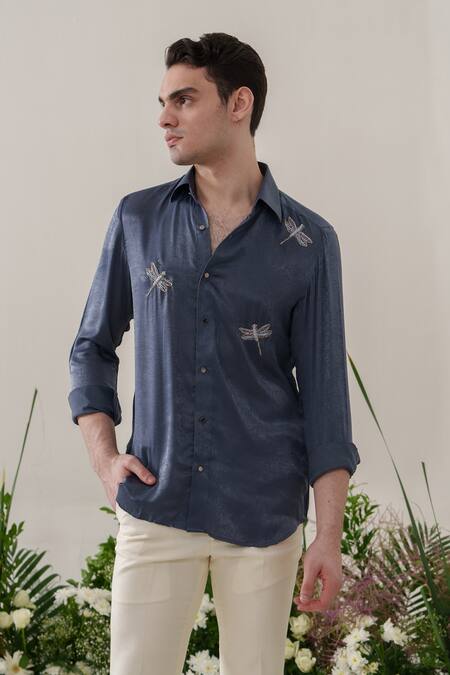 Shop_Amrit Dawani_Blue Satin, Velvet Embroidery Dragonfly Shirt _Online_at_Aza_Fashions
