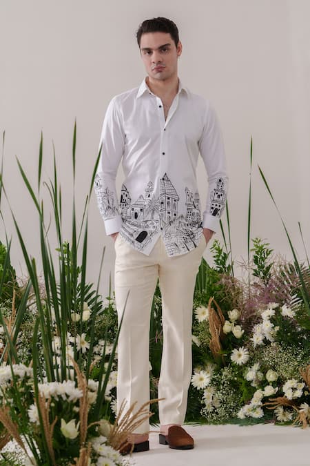 Amrit Dawani White Cotton Handpainted Doodling Scenic Shirt 