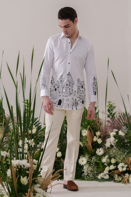 Amrit Dawani_White Cotton Scenic Handpainted Shirt _Online_at_Aza_Fashions
