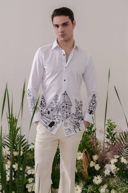 Buy_Amrit Dawani_White Cotton Scenic Handpainted Shirt _Online_at_Aza_Fashions