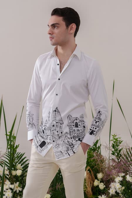 Shop_Amrit Dawani_White Cotton Scenic Handpainted Shirt _Online_at_Aza_Fashions
