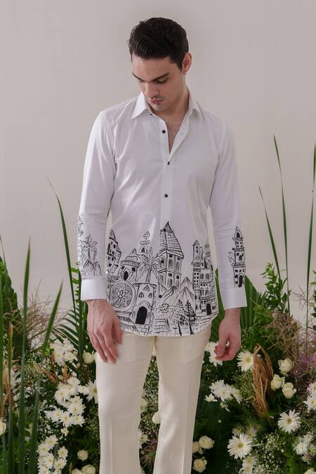 Buy_Amrit Dawani_White Cotton Scenic Handpainted Shirt 