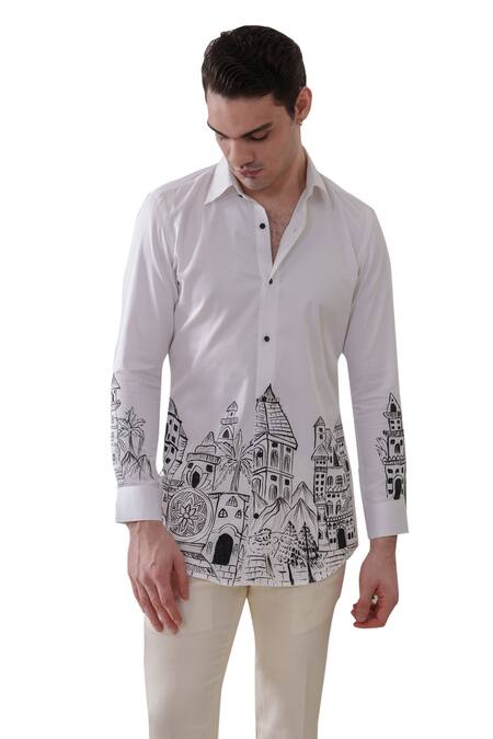 Shop_Amrit Dawani_White Cotton Scenic Handpainted Shirt 