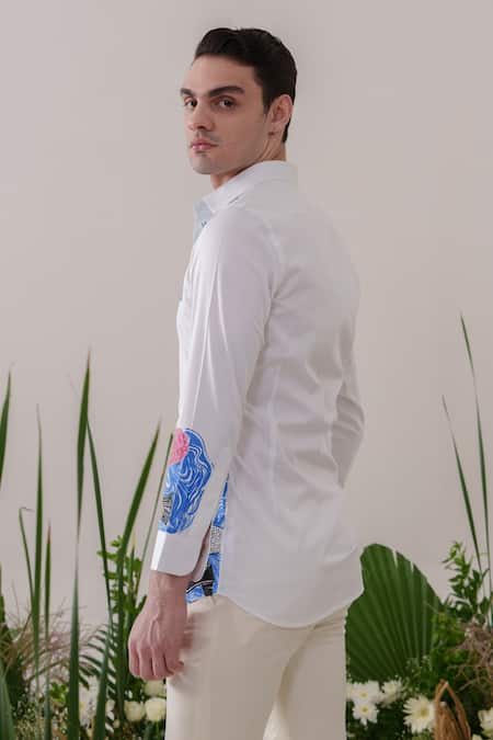 Shop_Amrit Dawani_White Cotton Embroidery Fish Handpainted Shirt _at_Aza_Fashions