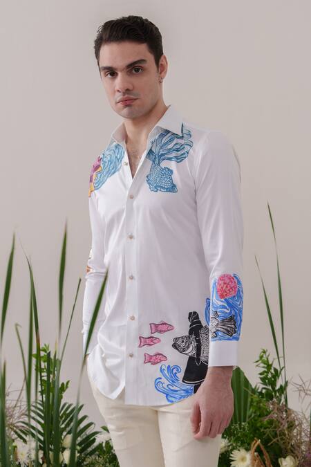 Buy_Amrit Dawani_White Cotton Embroidery Fish Handpainted Shirt _Online_at_Aza_Fashions