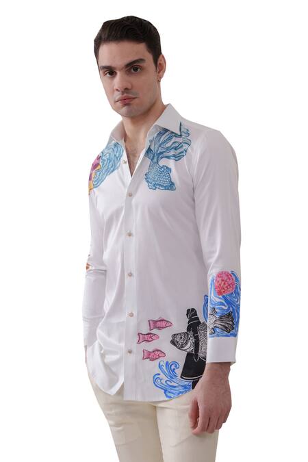 Shop_Amrit Dawani_White Cotton Embroidery Fish Handpainted Shirt _Online_at_Aza_Fashions