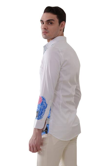 Amrit Dawani_White Cotton Embroidery Fish Handpainted Shirt _at_Aza_Fashions