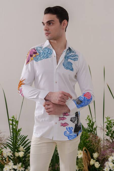 Shop_Amrit Dawani_White Cotton Embroidery Fish Handpainted Shirt 