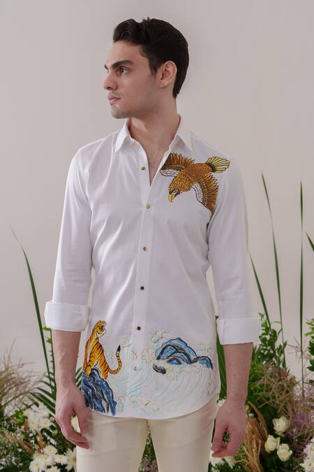 Amrit Dawani_White Cotton Embroidery Eagle And Tiger Handpainted Shirt _Online_at_Aza_Fashions
