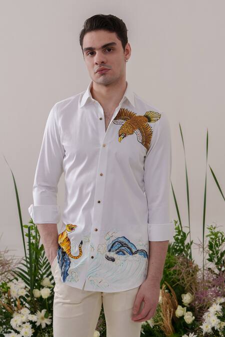 Buy_Amrit Dawani_White Cotton Embroidery Eagle And Tiger Handpainted Shirt _Online_at_Aza_Fashions