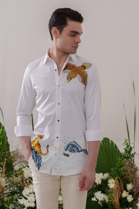 Shop_Amrit Dawani_White Cotton Embroidery Eagle And Tiger Handpainted Shirt _Online_at_Aza_Fashions