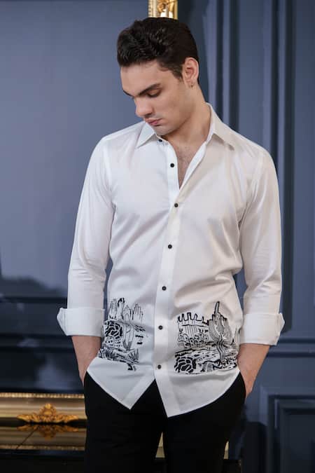 Amrit Dawani_White Cotton Embroidery Desert Shirt _Online_at_Aza_Fashions