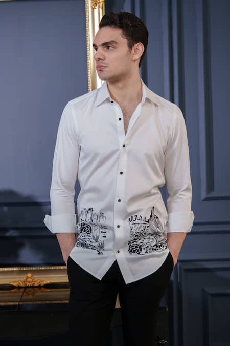 Buy_Amrit Dawani_White Cotton Embroidery Desert Shirt _Online_at_Aza_Fashions