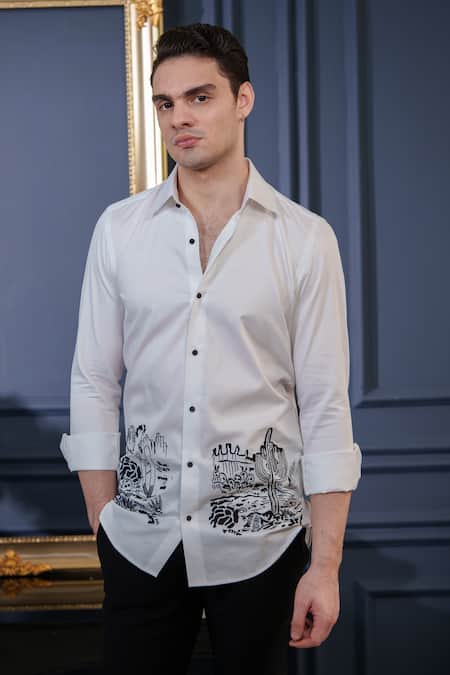 Shop_Amrit Dawani_White Cotton Embroidery Desert Shirt _Online_at_Aza_Fashions