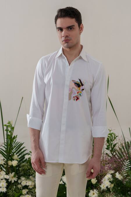 Amrit Dawani_White Cotton Embroidery Face Shirt _Online_at_Aza_Fashions