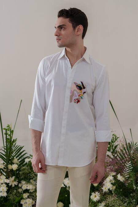 Buy_Amrit Dawani_White Cotton Embroidery Face Shirt _Online_at_Aza_Fashions