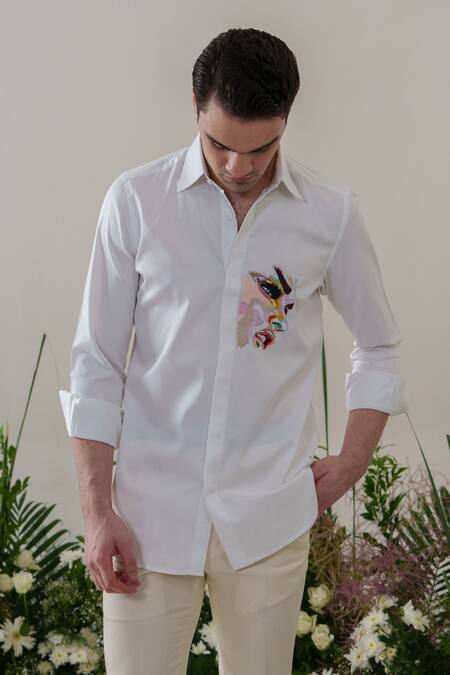Shop_Amrit Dawani_White Cotton Embroidery Face Shirt _Online_at_Aza_Fashions