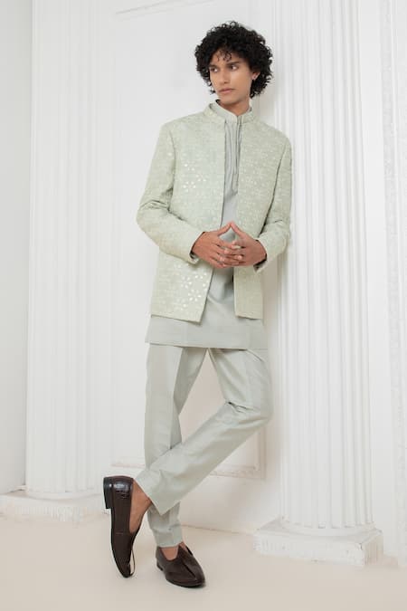 Darshika Menswear Green Silk Blend Embroidered Floral Nehru Jacket Set 