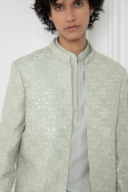 Buy_Darshika Menswear_Blue Silk Embroidery Floral Bundi Jacket Set _Online_at_Aza_Fashions