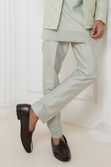 Shop_Darshika Menswear_Blue Silk Embroidery Floral Bundi Jacket Set _Online_at_Aza_Fashions