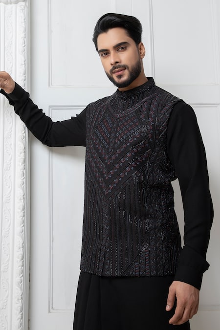 Buy_Darshika Menswear_Black Silk Cut Work Cutdana Embroidered Bundi Kurta Set _Online_at_Aza_Fashions