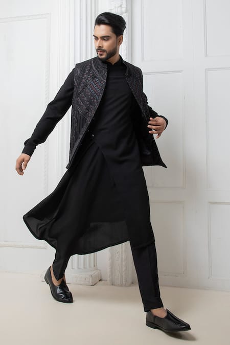 Shop_Darshika Menswear_Black Silk Cut Work Cutdana Embroidered Bundi Kurta Set _Online_at_Aza_Fashions