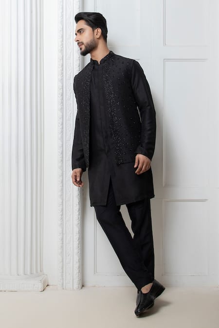 Darshika Menswear Embroidered Black Bundi Jacket Pant Set 