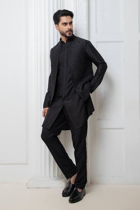 Buy_Darshika Menswear_Black Silk Cut Work Embroidered Bundi Jacket Pant Set _Online_at_Aza_Fashions
