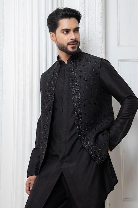 Shop_Darshika Menswear_Black Silk Cut Work Embroidered Bundi Jacket Pant Set _Online_at_Aza_Fashions