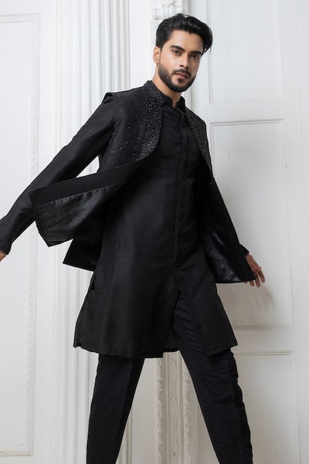 Darshika Menswear_Black Silk Cut Work Embroidered Bundi Jacket Pant Set _at_Aza_Fashions