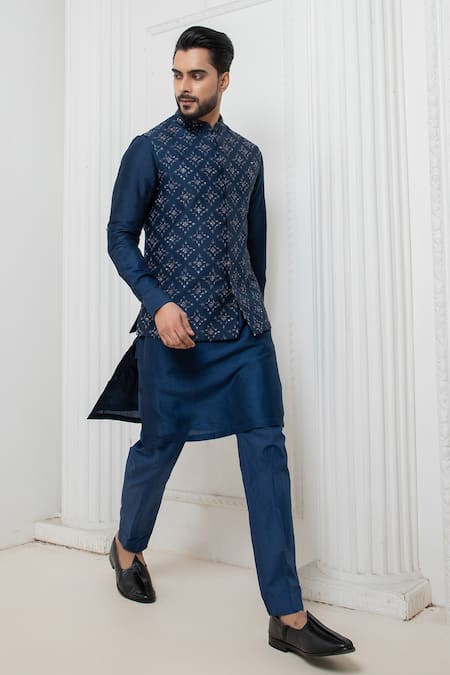 Darshika Menswear Zari Embroidered Blue Bundi Kurta Set 