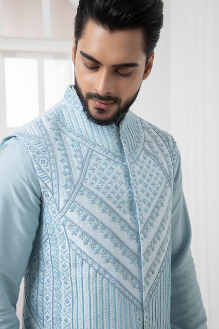 Buy_Darshika Menswear_Blue Silk, Cotton Embroidery Geometric Thread Work Bundi Kurta Set _Online_at_Aza_Fashions